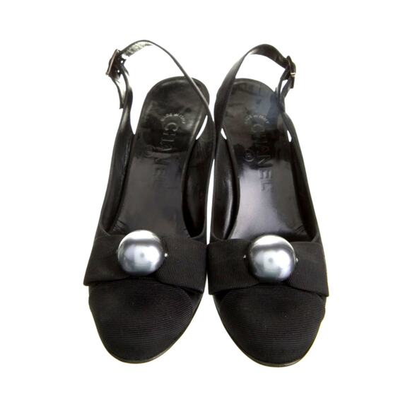 CHANEL 7.5 Classic Ribbon Bow Slingback Audrey Pumps Silver Pearl Heels Black 38 - Picture 6 of 9